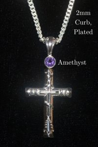 Cross with amethyst and 2mm plated curb chain